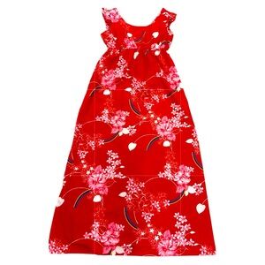 Hawaiin Vintage Rainbow Red Maxi Dress Large Red Floral Ruffle Sleeve